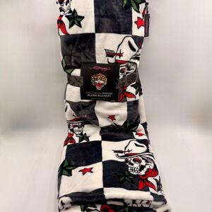 Ed Hardy Full Queen Plush Blanket Skulls Cowboys Stars Checkered Print Cozy